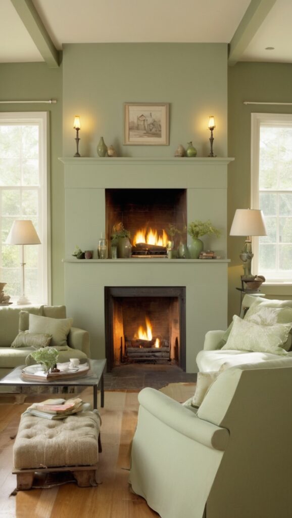 sage green interior design, cozy living room decor, modern fireplace designs, elegant home decor, luxury living room decor