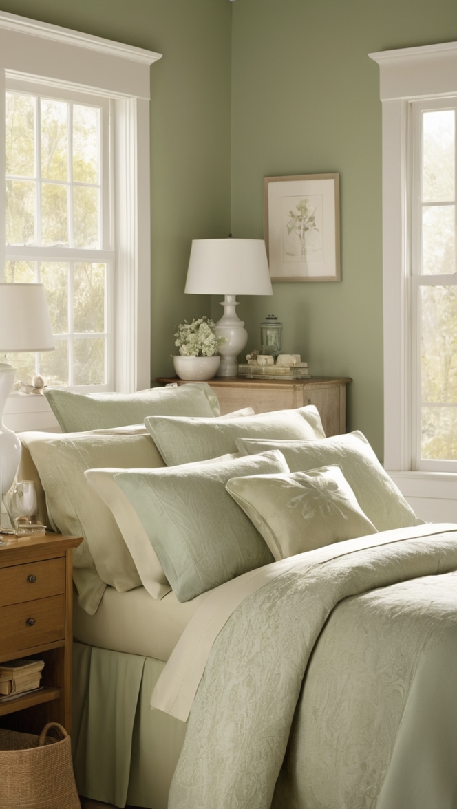sage green walls, green bedroom decor, bedroom wall panels, sage green paint, green accent wall