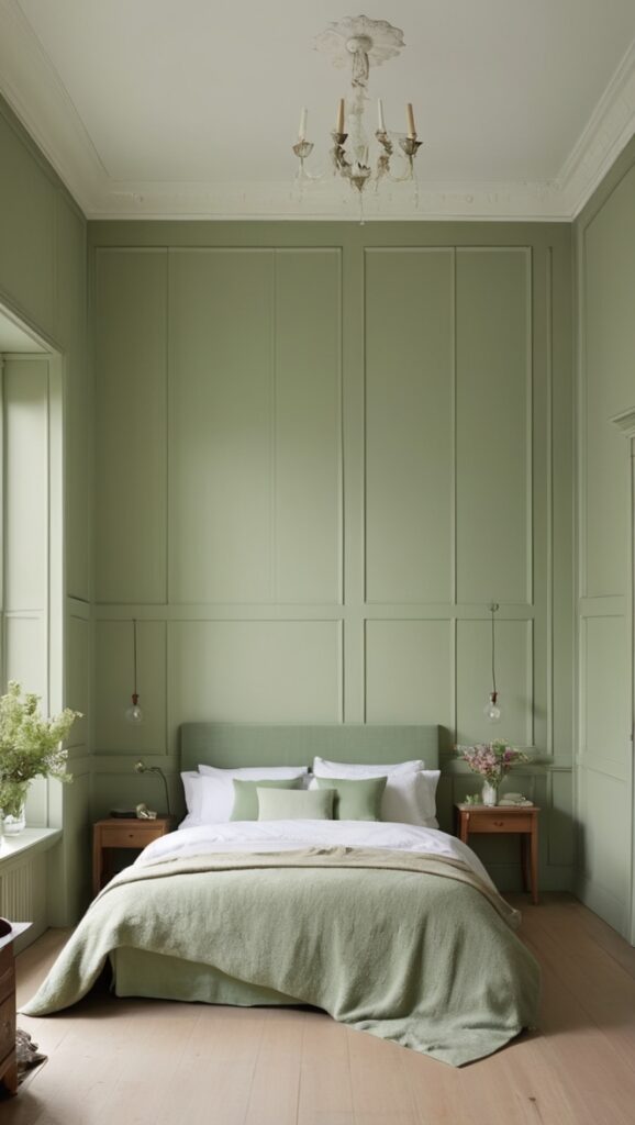 sage green walls, green bedroom decor, bedroom wall panels, sage green paint, green accent wall