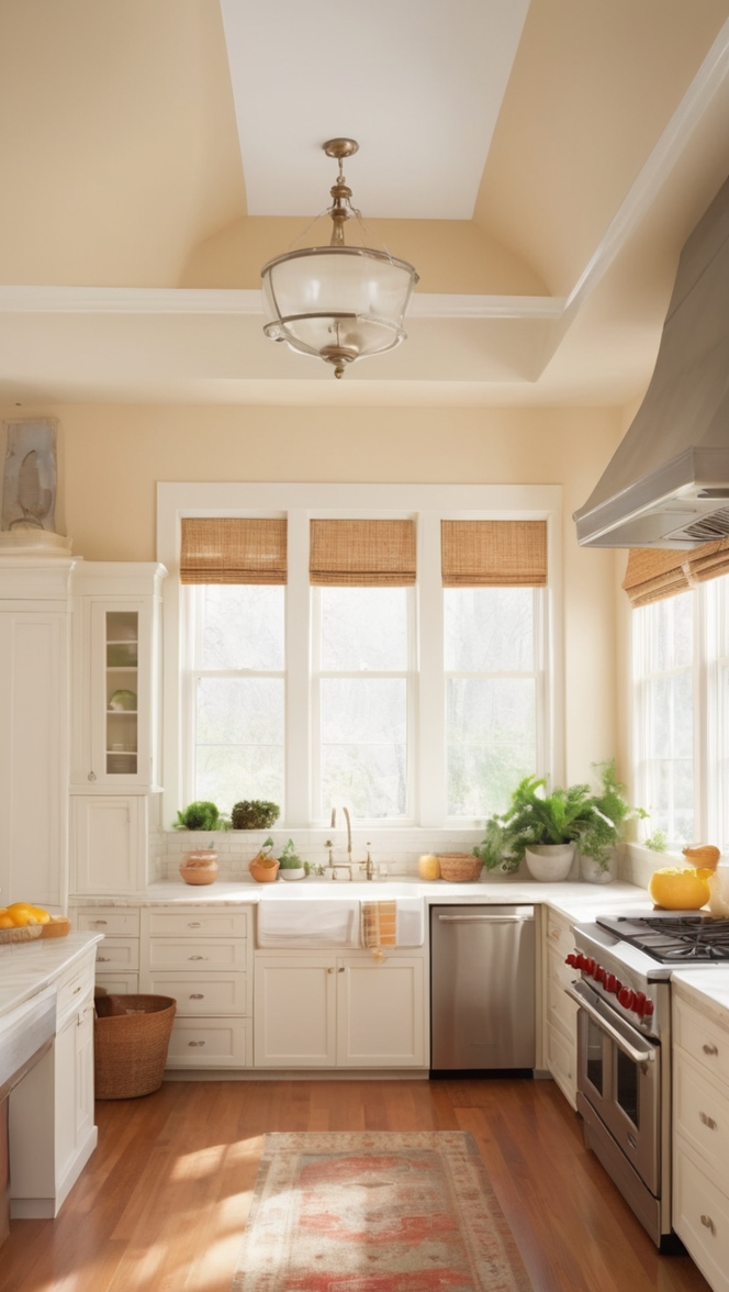 warm white cabinets, modern white kitchen, white farmhouse sink, white marble countertops, neutral kitchen design