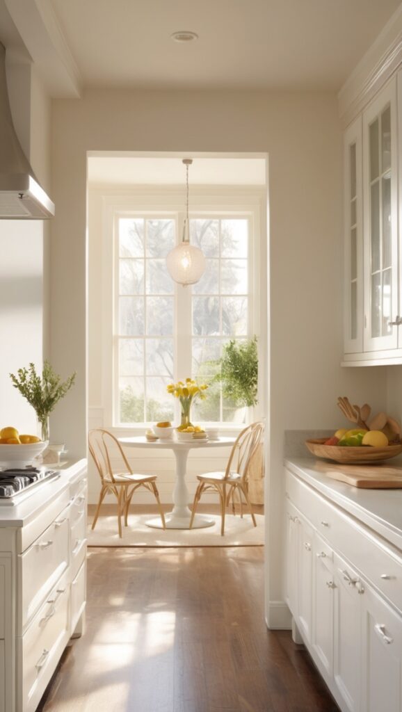 warm white cabinets, modern white kitchen, white farmhouse sink, white marble countertops, neutral kitchen design