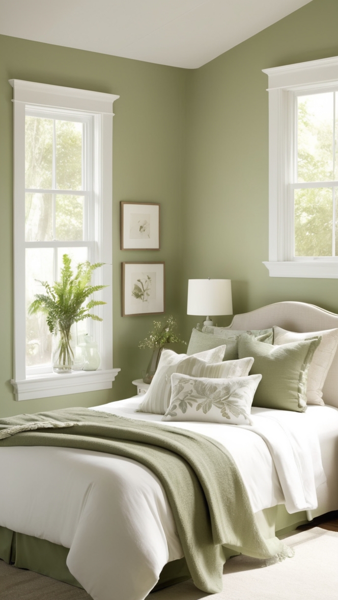 white bedroom decor, sage green decor, bedroom design ideas, minimalist bedroom ideas, romantic bedroom design