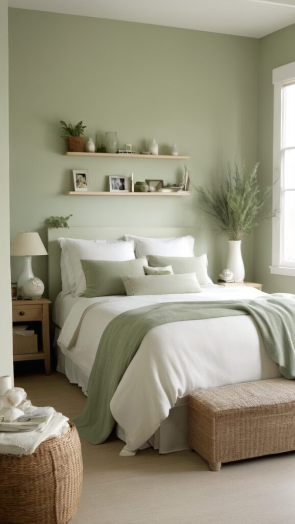 white bedroom decor, sage green decor, bedroom design ideas, minimalist bedroom ideas, romantic bedroom design