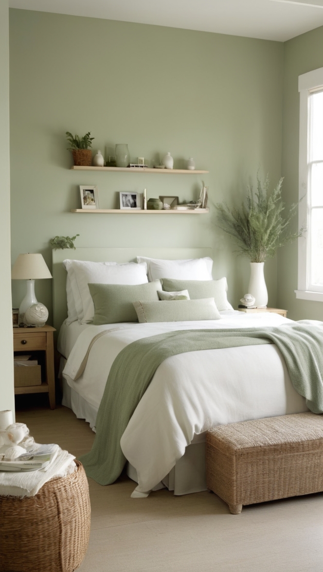 white bedroom decor, sage green decor, bedroom design ideas, minimalist bedroom ideas, romantic bedroom design 