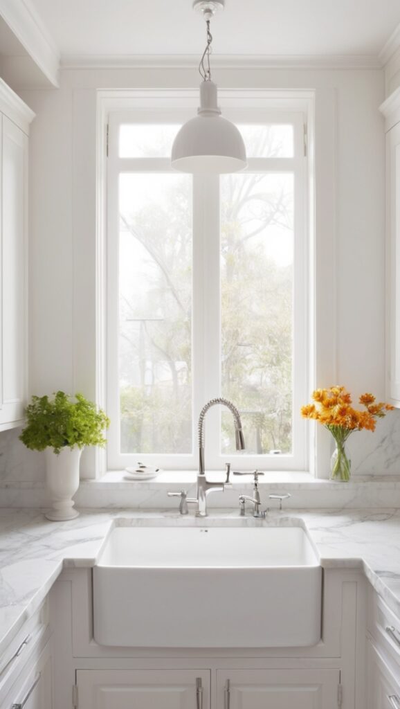 white marble countertops, marble kitchen island, white marble backsplash, luxury marble kitchen, marble kitchen renovation